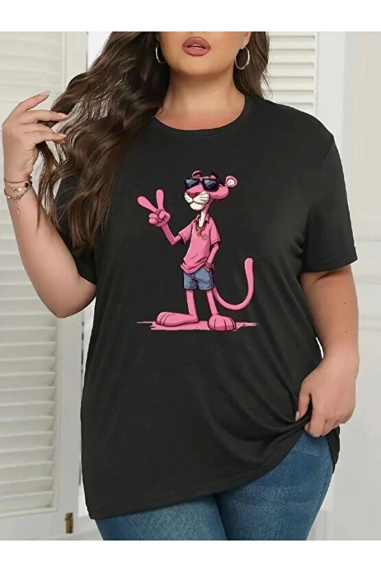 Pembe Panter Baskılı Oversize Bisiklet Yaka T-shirt - Beyaz