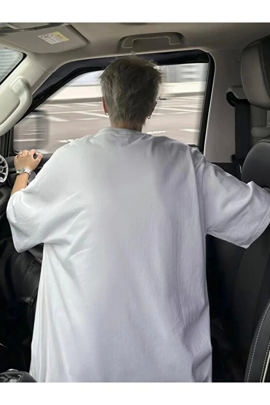 Baskılı Oversize Bisiklet Yaka T-shirt - Beyaz