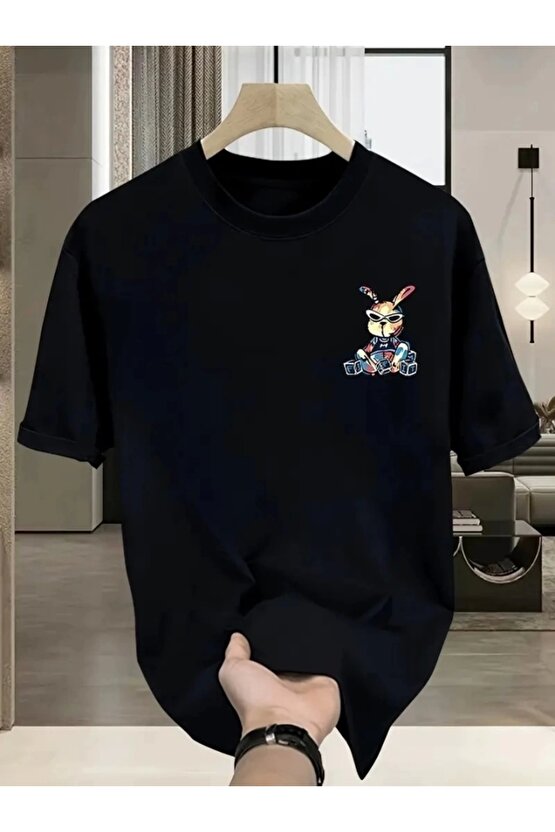 Baskılı Oversize Bisiklet Yaka T-shirt - Siyah