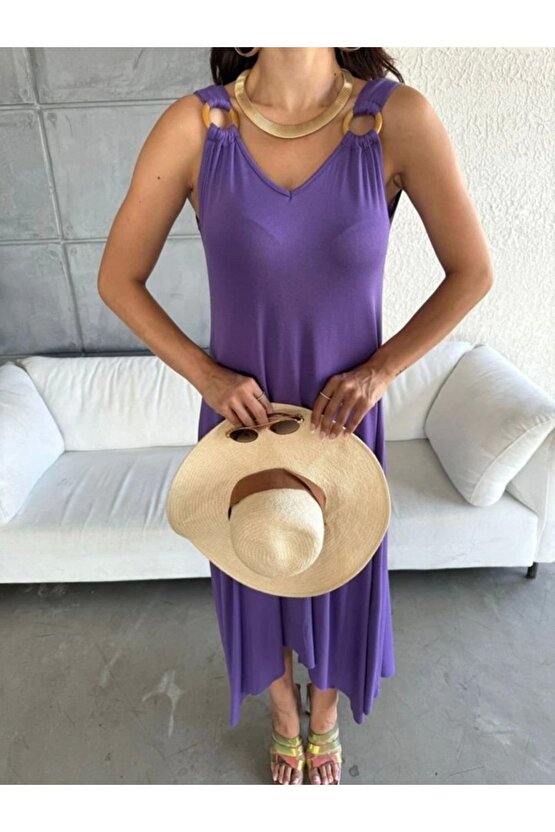 Kadın çan Dokuma Kumaş V Yaka Asimetrik Kesim Elbise