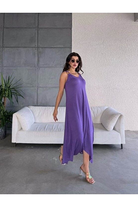 Kadın çan Dokuma Kumaş V Yaka Asimetrik Kesim Elbise