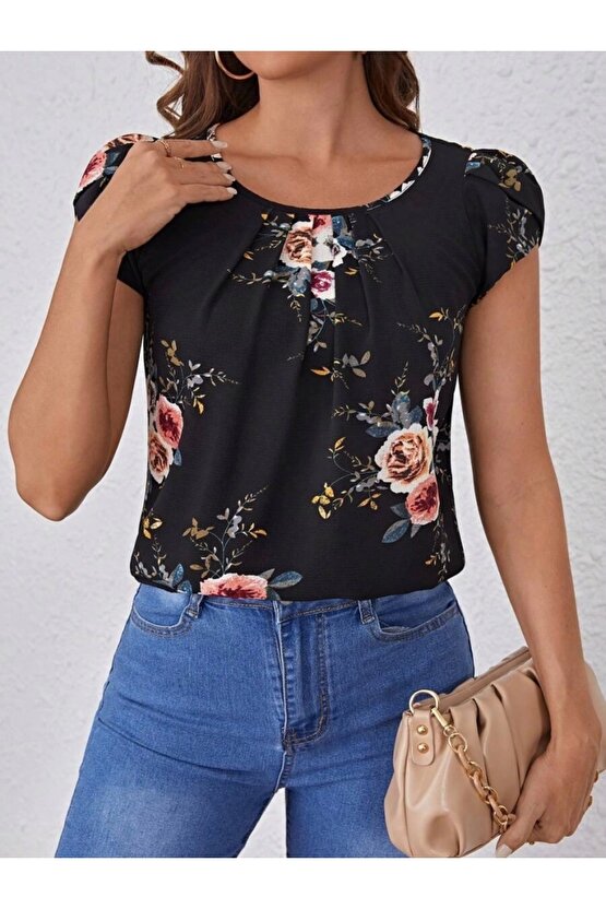 Kadın Kısa Kollu Bisiklet Yaka çiçek Baskılı Süprem Bluz