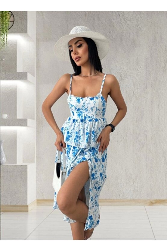 Kadın Sıfır Kol Askılı Dekolteli Yırtmaç Detay çiçek Baskılı Süprem Midi Elbise