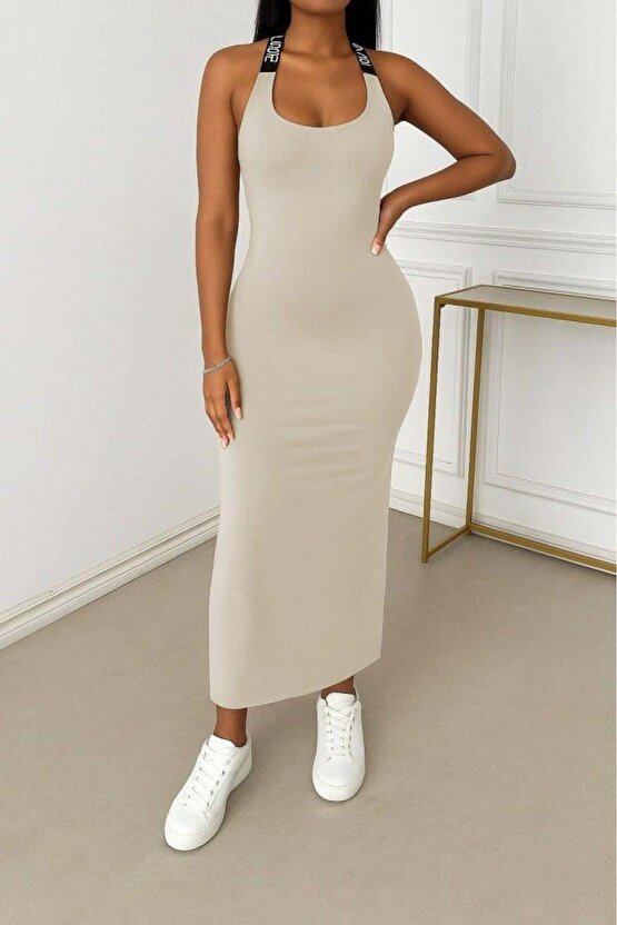 Kadın Yuvarlak Yaka Sırttan çapraz şerit Love Detaylı Yırtmaçlı Viskon Elbise