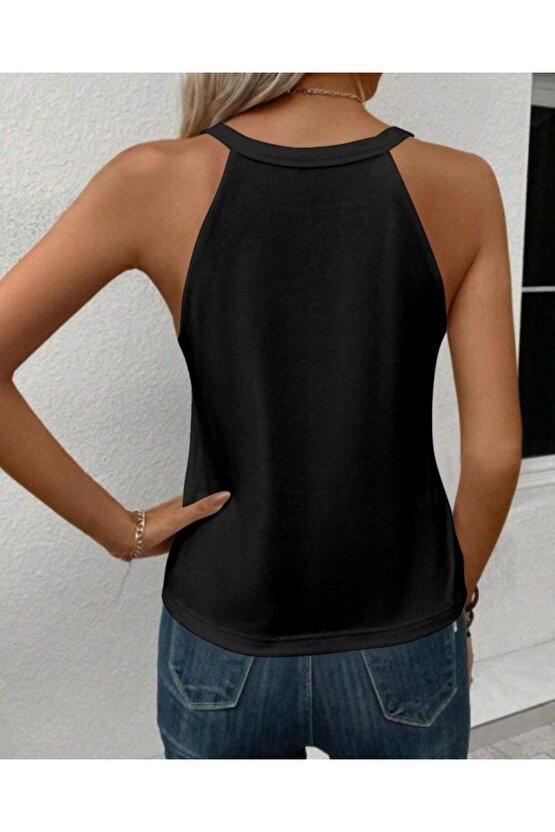 Kadın Sıfır Kol Halter Yaka Kalp Baskılı Viskon Bluz