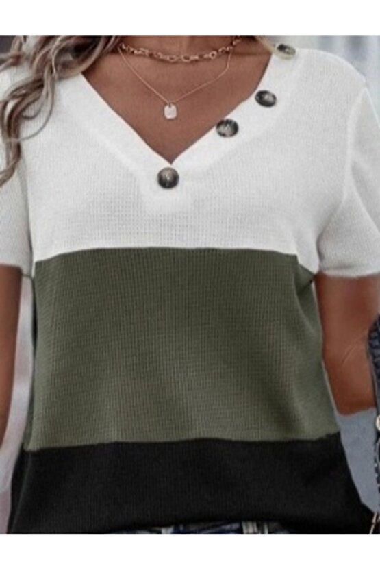 Kadın Kısa Kollu V Yakalı Düğmeli Waffle Bluz