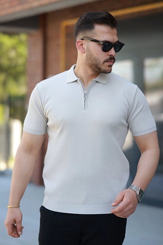 Erkek Fermuarlı Yakalı Kısa Kollu Tshirt