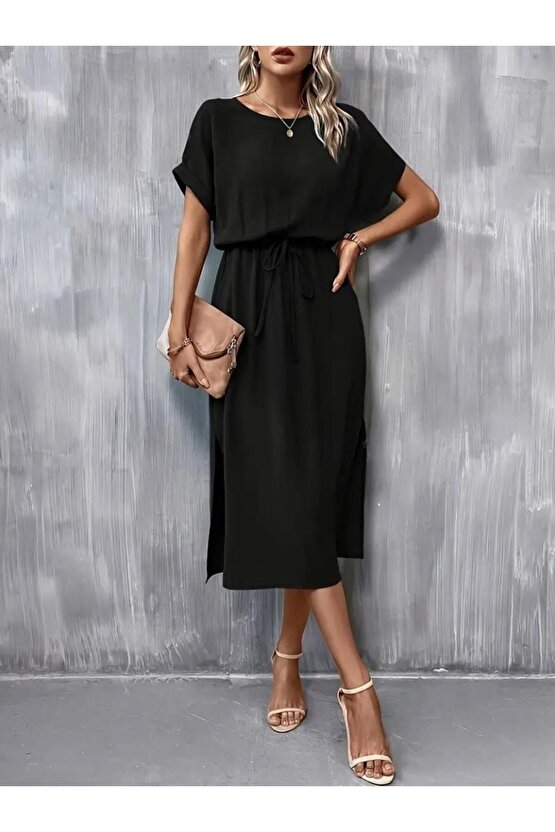 Kadın Kısa Kollu Yakası Açık Belden Bağlamalı Yırtmaçlı Viskon Elbise