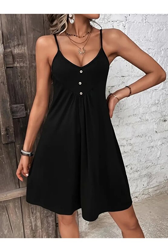 Kadın Ip Askılı V Yakalı Kısa Viskon Elbise