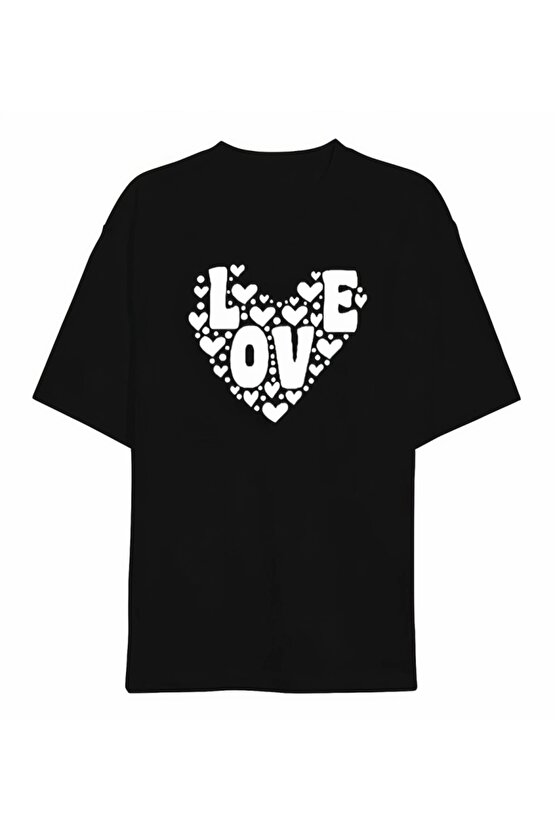 Sevgililer Günü İçin Özel Tasarım Love Kalp Baskılı T-shirt - Siyah