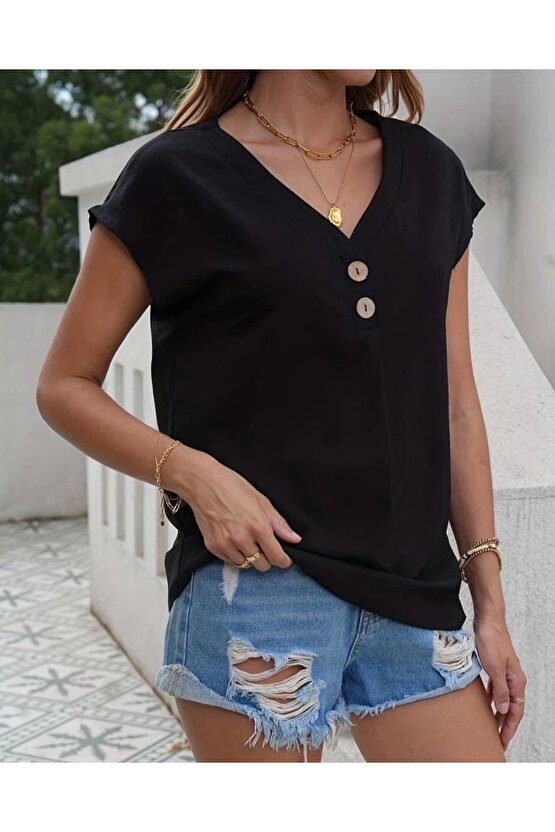 Kadın Kısa Kollu önü Düğmeli V Yaka Aerobin Bluz