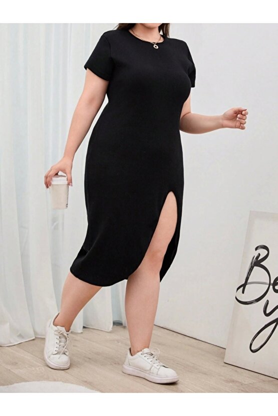 Kadın Büyük Beden Kısa Kollu Yanı Yırtmaçlı Bisiklet Yaka Viskon Elbise