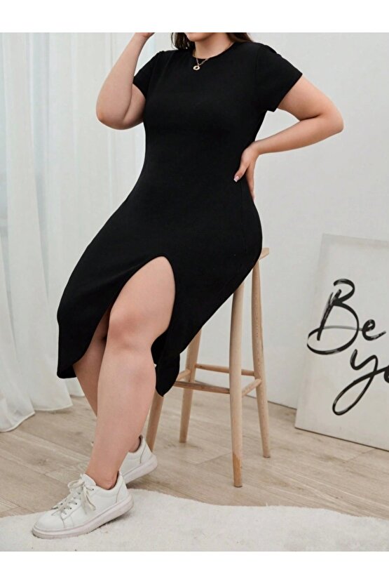 Kadın Büyük Beden Kısa Kollu Yanı Yırtmaçlı Bisiklet Yaka Viskon Elbise