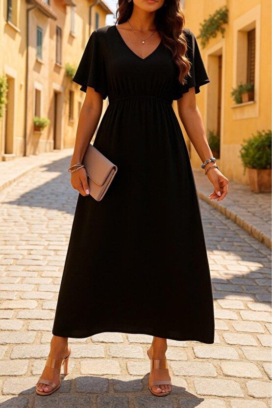 Kadın Kısa Kollu V Yakalı Beli Lastikli Uzun Viskon Elbise