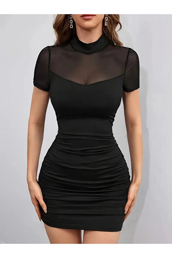 Kadın Kısa Kollu Yarı Balıkçı Yaka Tül Detaylı Kısa Janjan Krep Elbise