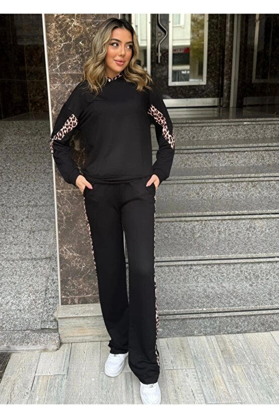 Kadın Kapüşonlu Leopar Detay Sweat Ve Yüksek Bel Yanları Leopar şeritli Bol Paça Pantolon Ikili Takı