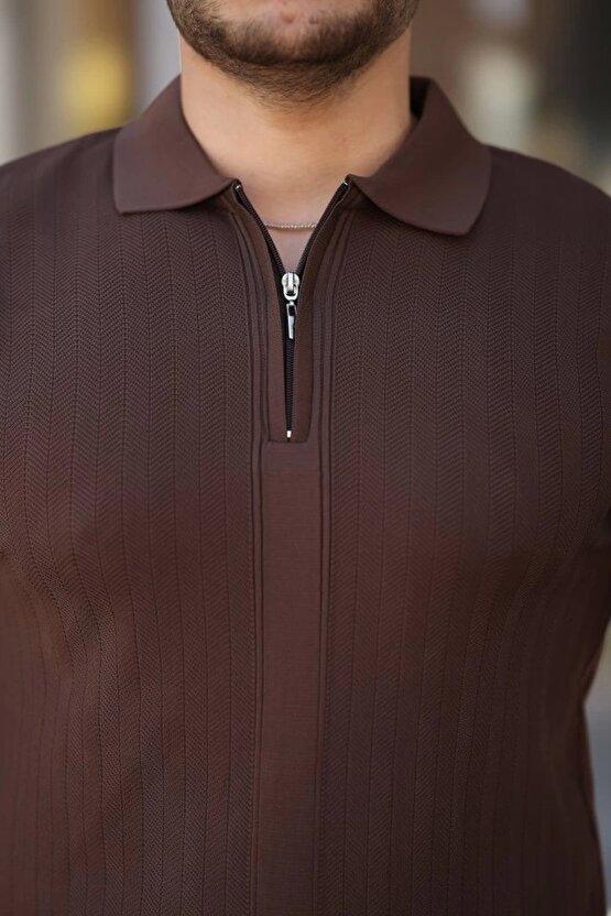 Erkek Yakası Fermuarlı Kısa Kollu T-shirt