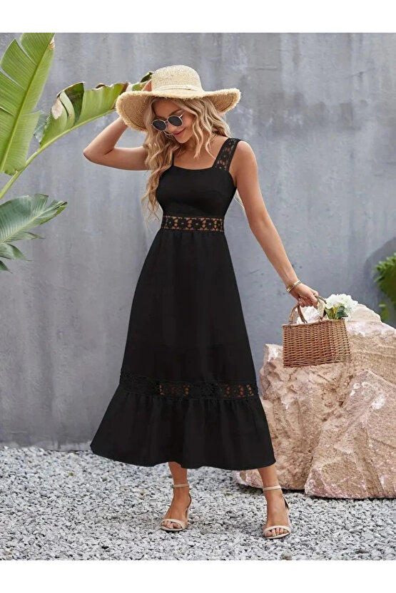 Kadın Askılı Dantel Detaylı Kiloş Janjan Krep Elbise