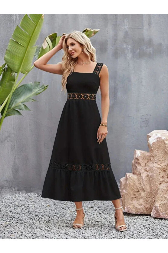 Kadın Askılı Dantel Detaylı Kiloş Janjan Krep Elbise