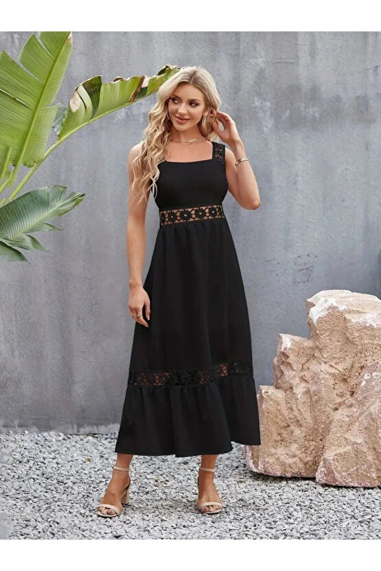 Kadın Askılı Dantel Detaylı Kiloş Janjan Krep Elbise