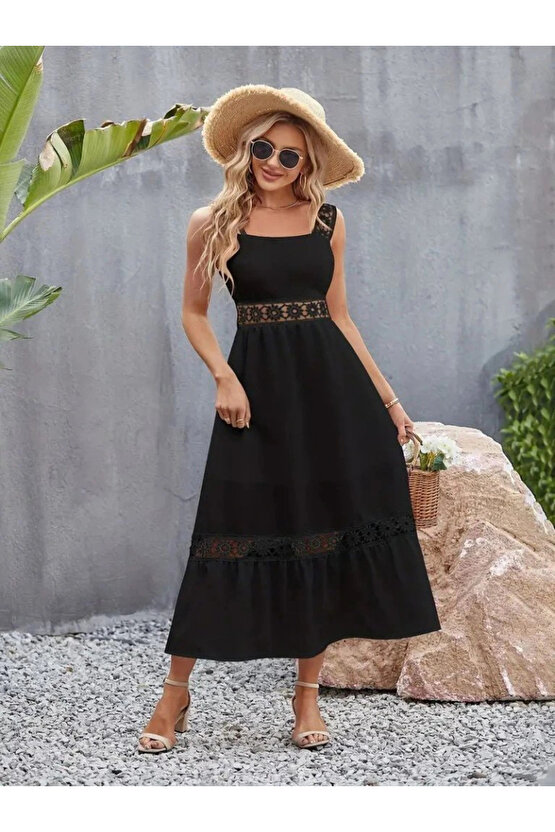 Kadın Askılı Dantel Detaylı Kiloş Janjan Krep Elbise