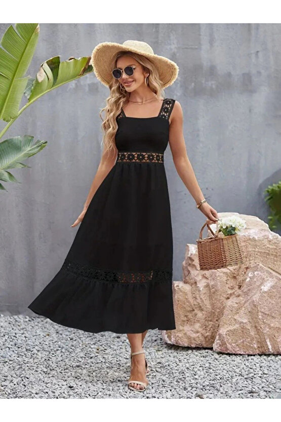 Kadın Askılı Dantel Detaylı Kiloş Janjan Krep Elbise