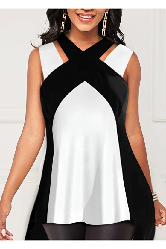 Kadın Askılı Boyundan çapraz Halter Yakalı çift Renkli Viskon Bluz