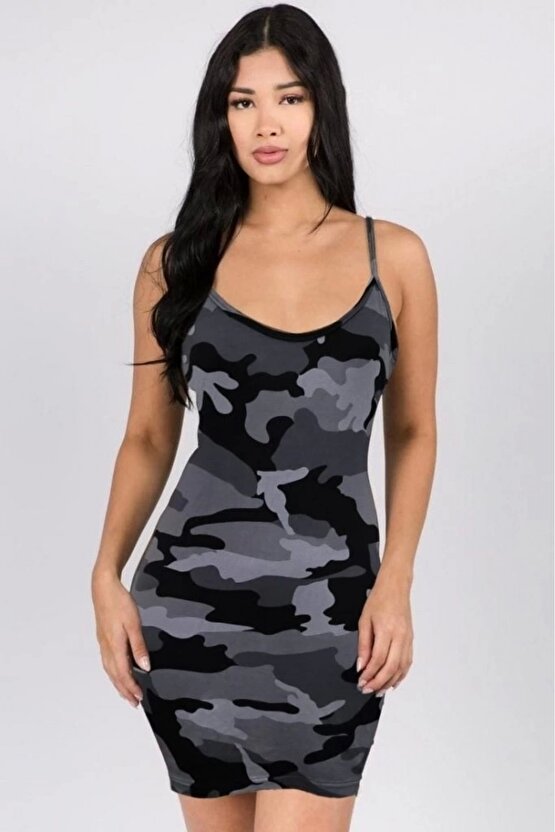 Kadın Ip Askılı Kamuflaj Baskılı Viskon Elbise