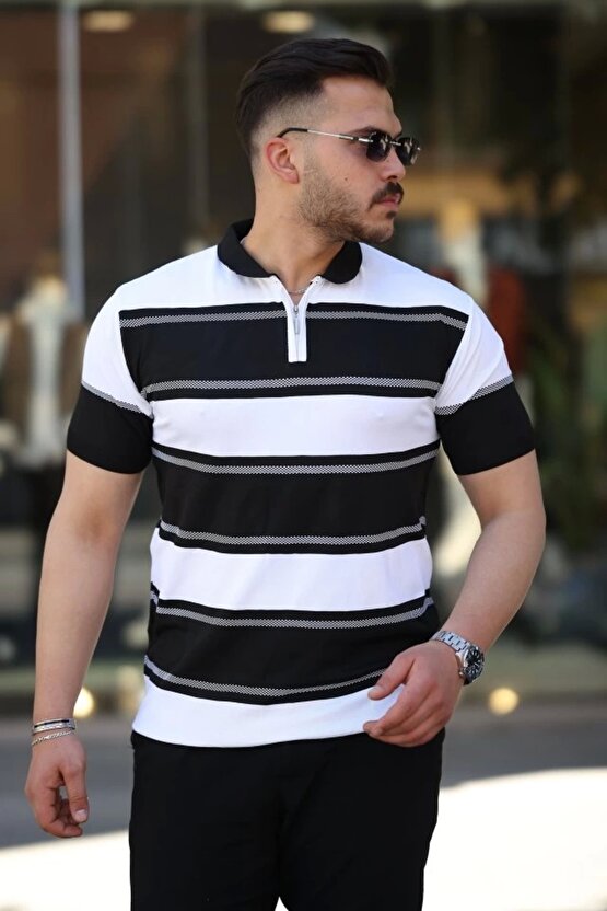 Erkek Yakalı Fermuarlı çift Renk Kısa Kollu T-shirt
