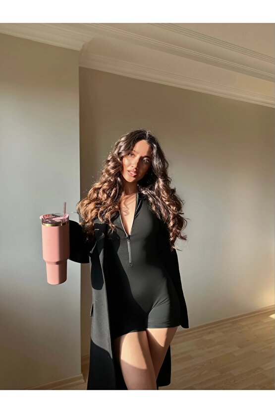 Siyah Fermuarlı Şort Tulum