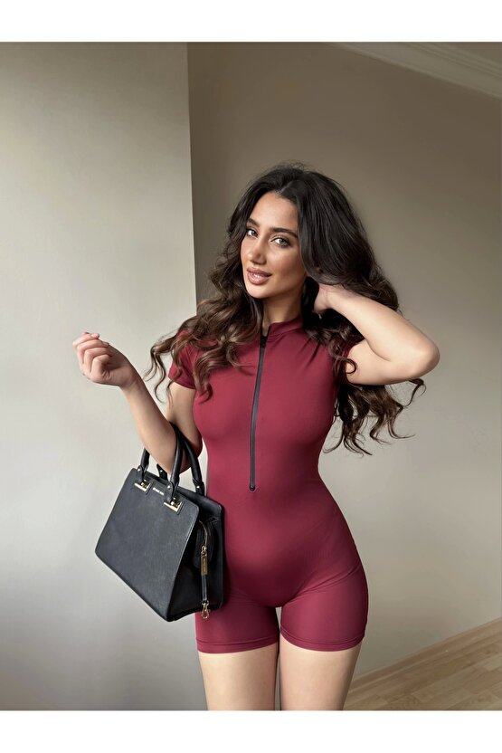 Bordo Fermuarlı Şort Tulum