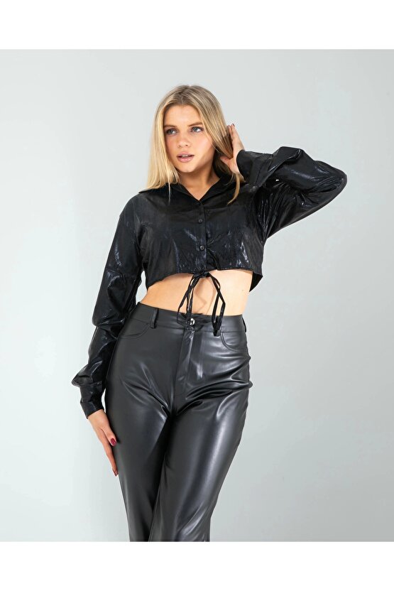 Siyah Yılan Varaklı Beli Bağcıklı Gömlek