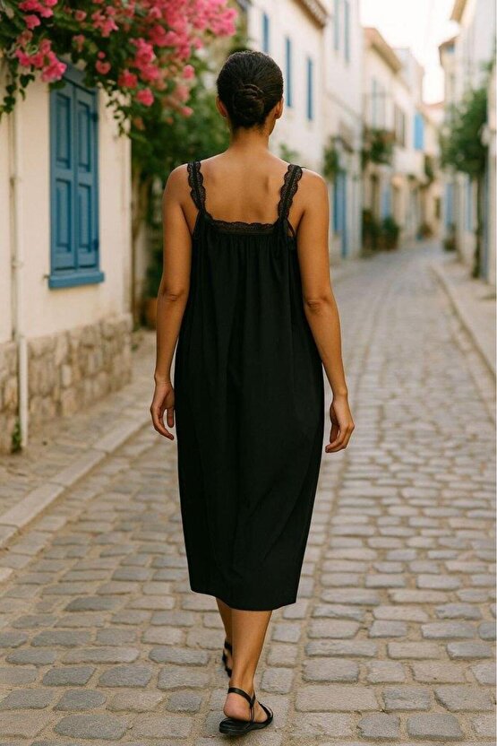 Kadın Dantel Askılı Kare Yakalı Uzun Viskon Elbise