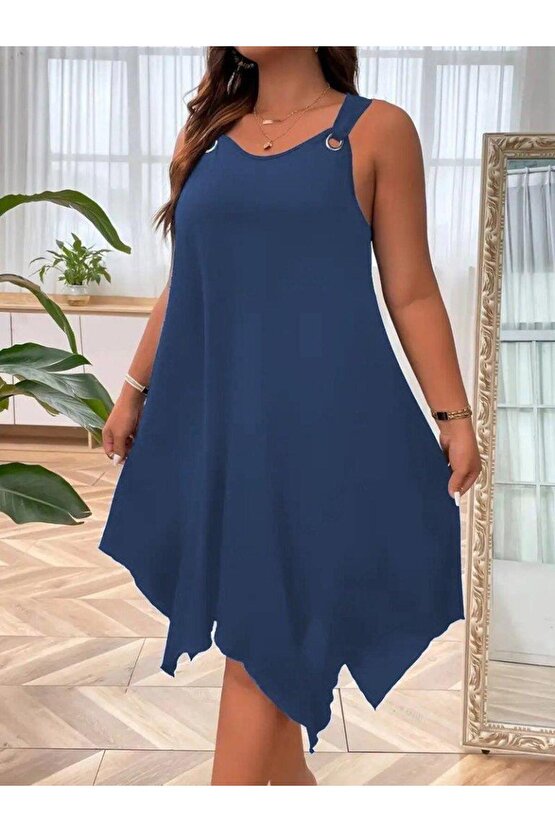 Kadın Askılı Yuvarlak Yaka Kuş Gözü Detaylı Asimetrik Viskon Elbise