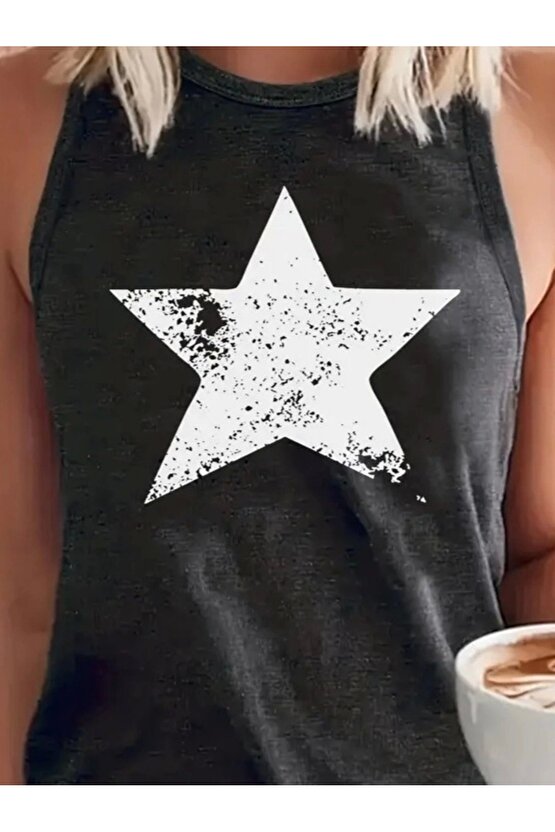 Kadın Askılı Yuvarlak Yaka Yıldız Desenli Süprem Bluz