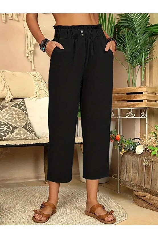 Kadın Bel Büzgü Ve Düğme Detay Kapri Keten Pantolon