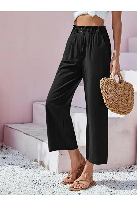 Kadın Bel Büzgü Ve Düğme Detay Kapri Keten Pantolon