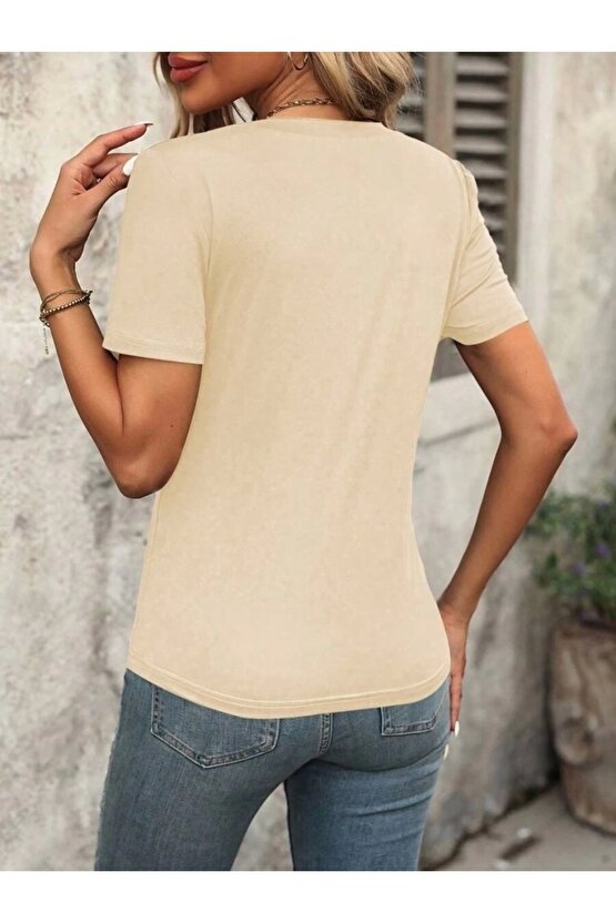 Kadın Kollu V Yakalı Omuzlarda çizgi Detaylı Viskon Bluz