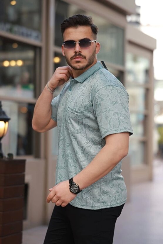 Erkek Yakalı Jakar Baskılı Kısa Kollu T-shirt