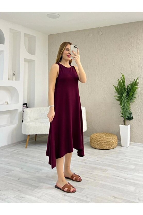 Kadın Askılı Yuvarlak Yakalı Asimetrik Kesim Detaylı Viskon Elbise