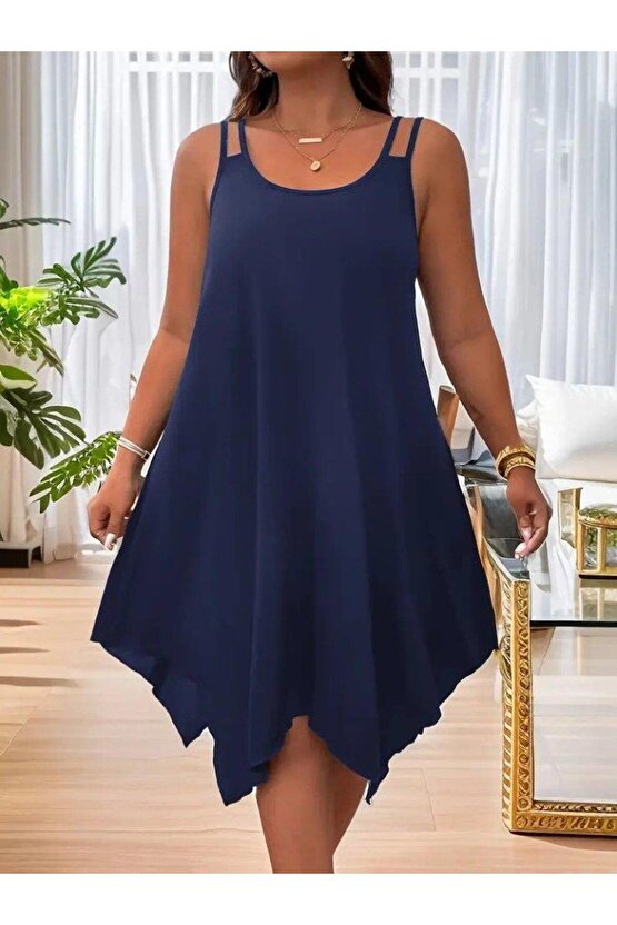 Kadın Askılı Yuvarlak Asimetrik Kesim Detaylı Viskon Elbise