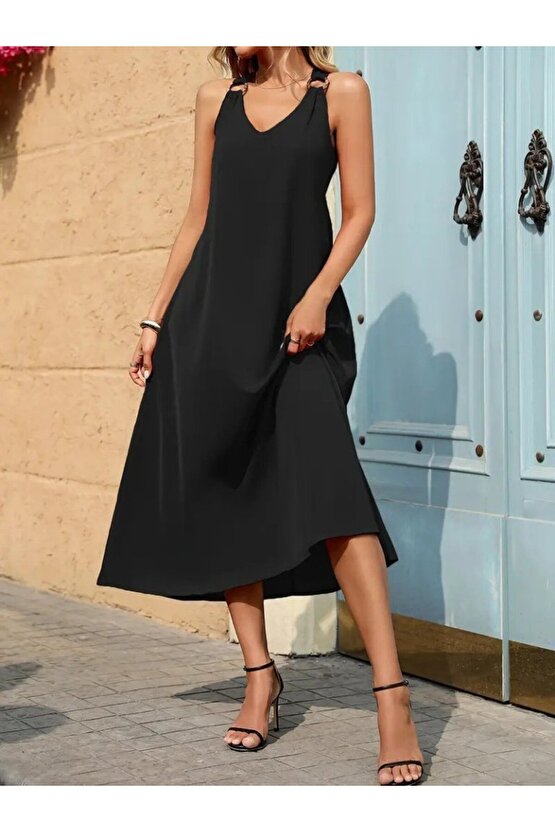 EGECEN Kadın Askılı V Yakalı Halka Detaylı Maksi Boy Viskon Elbise