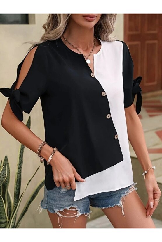 Kadın Kısa Kollu Kollardan Bağlamalı önden Asimetrik Kesim çift Renk Detaylı Düğmeli Ithal Krep Bluz