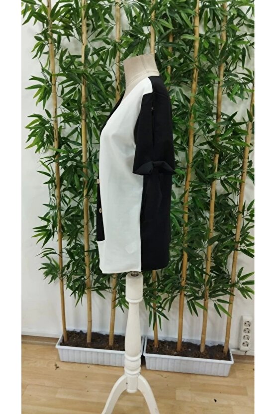 Kadın Kısa Kollu Kollardan Bağlamalı önden Asimetrik Kesim çift Renk Detaylı Düğmeli Ithal Krep Bluz