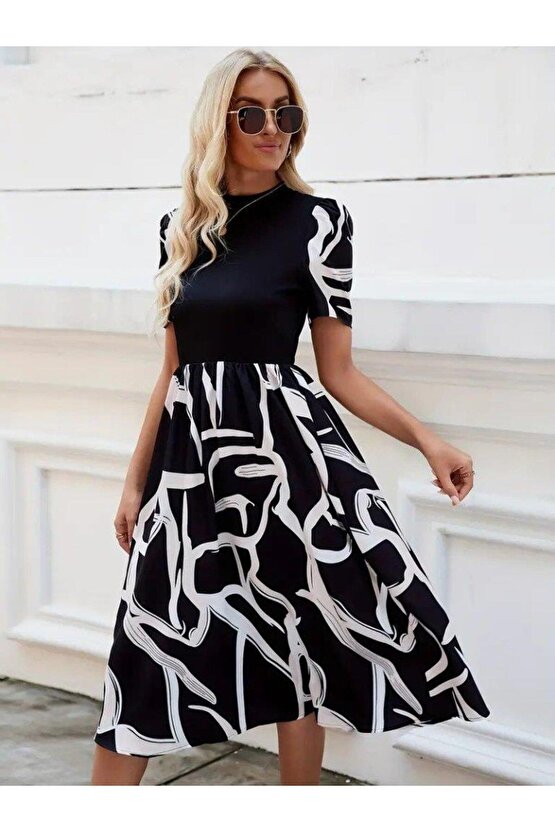 Kadın Kısa Kollu Yarı Balıkçı Yaka üst Viskon Alt Desenli Dokuma Midi Elbise
