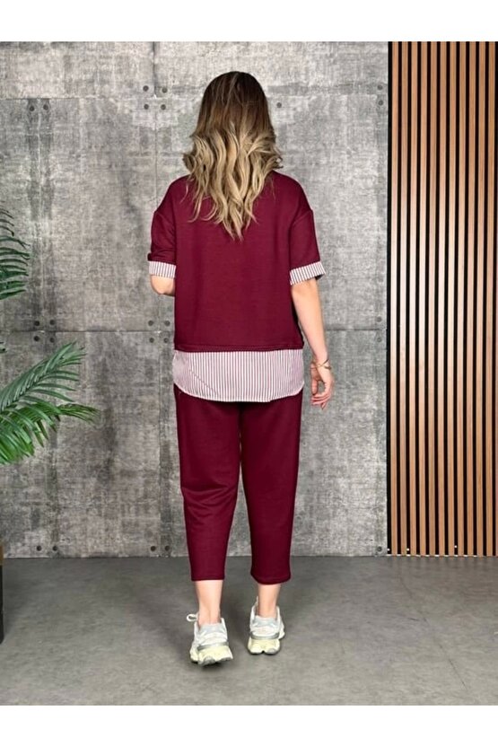 Kadın Modal Kumaş çizgili Gömlek Yaka Ikili Takım