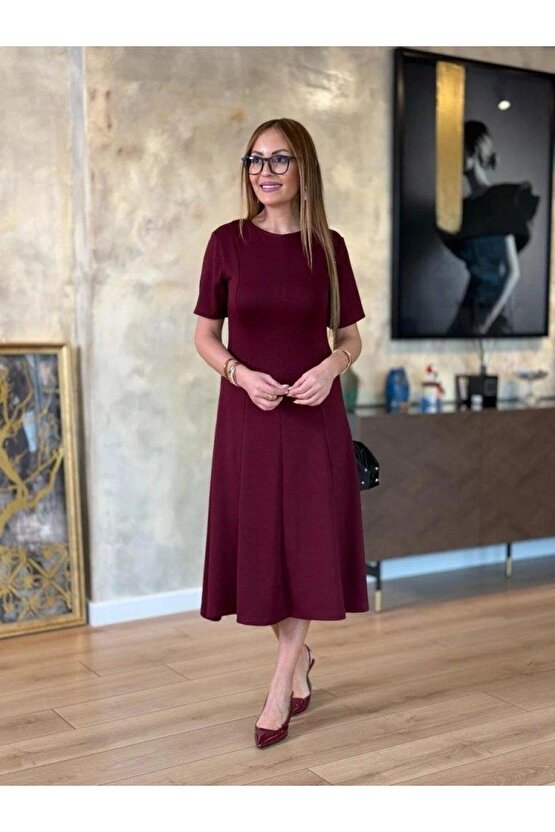 Kadın Kısa Kollu Bisiklet Yaka Midi Viskon Iki Iplik Elbise