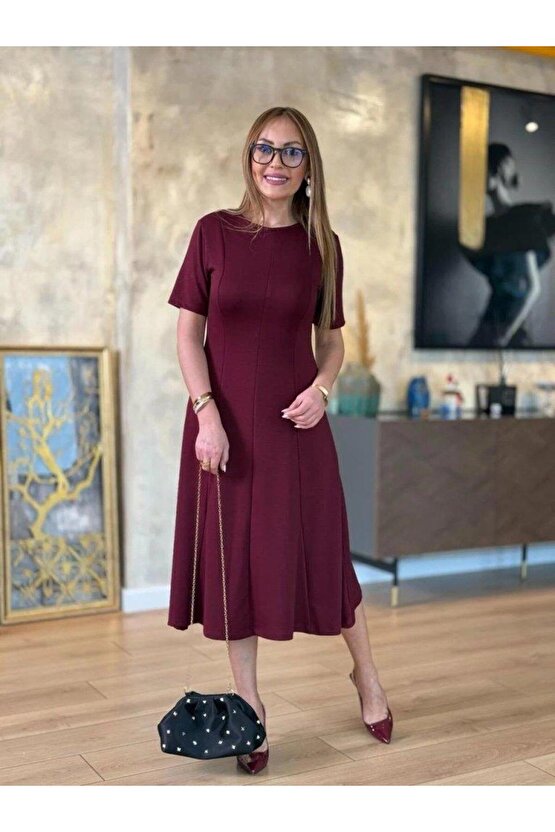 Kadın Kısa Kollu Bisiklet Yaka Midi Viskon Iki Iplik Elbise