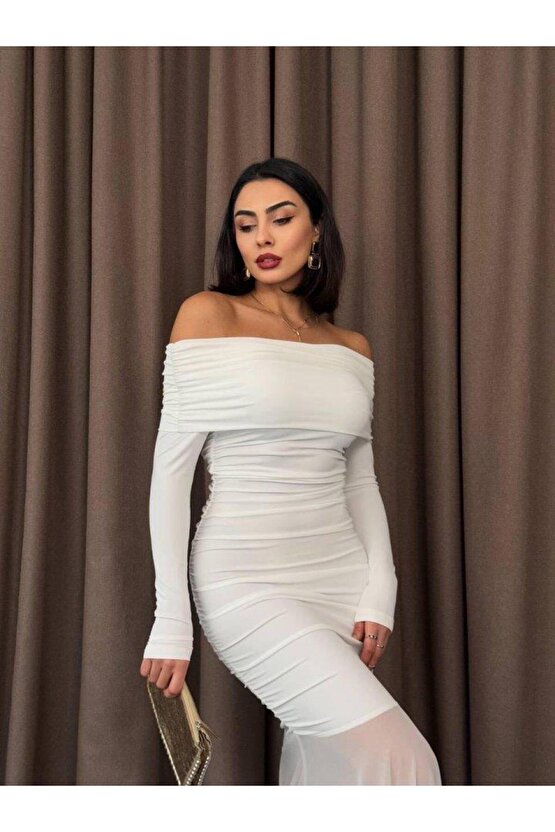 Tül Detaylı Straplez Elbise