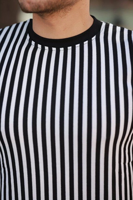 Erkek Siyah Beyaz örme Pamuklu Kumaş Kısa Kollu T-shirt